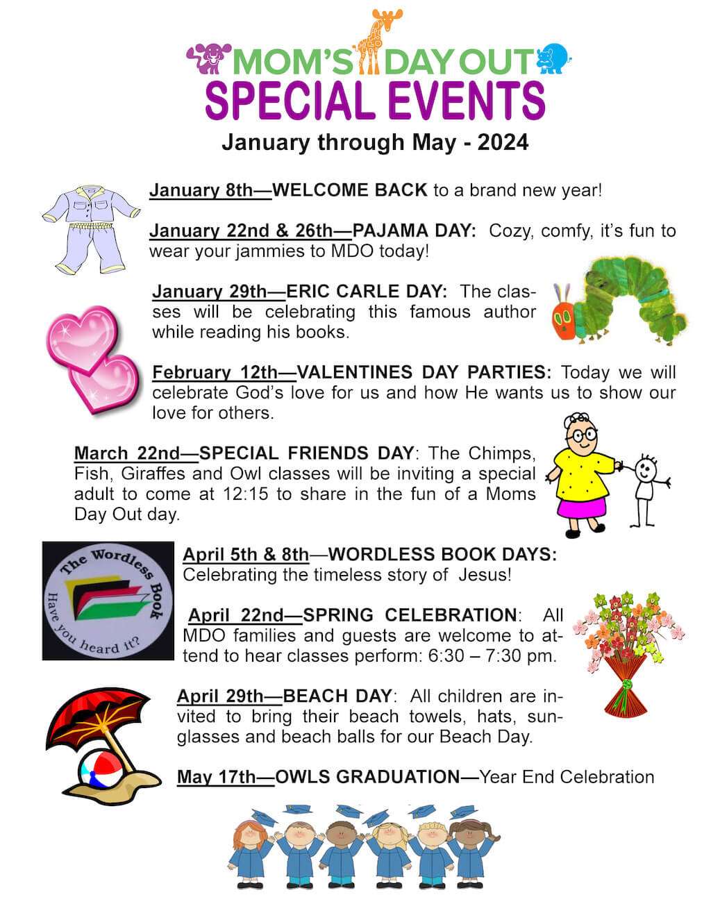 Special Events Calendar Jan thru May 2024